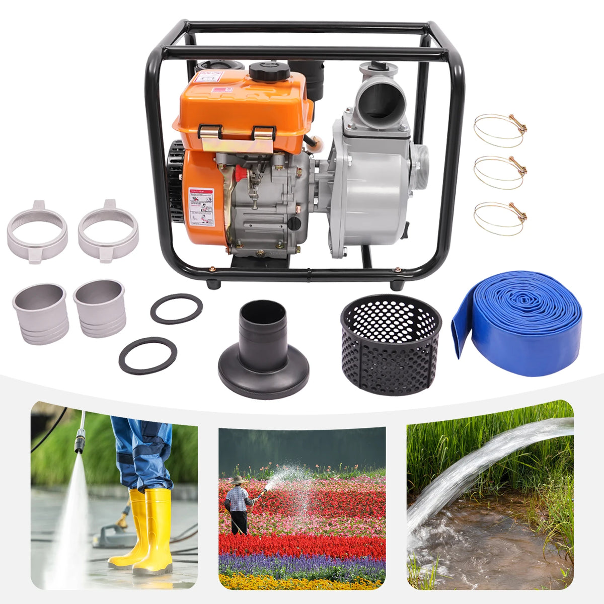 Portable High Pressure with 7.5 m Hose,4-Stroke 196CC Diesel-powered Water Pump, 3 inch Trash Water Transfer Pump, Diesel Water Pump, suits for Irrigation Pool