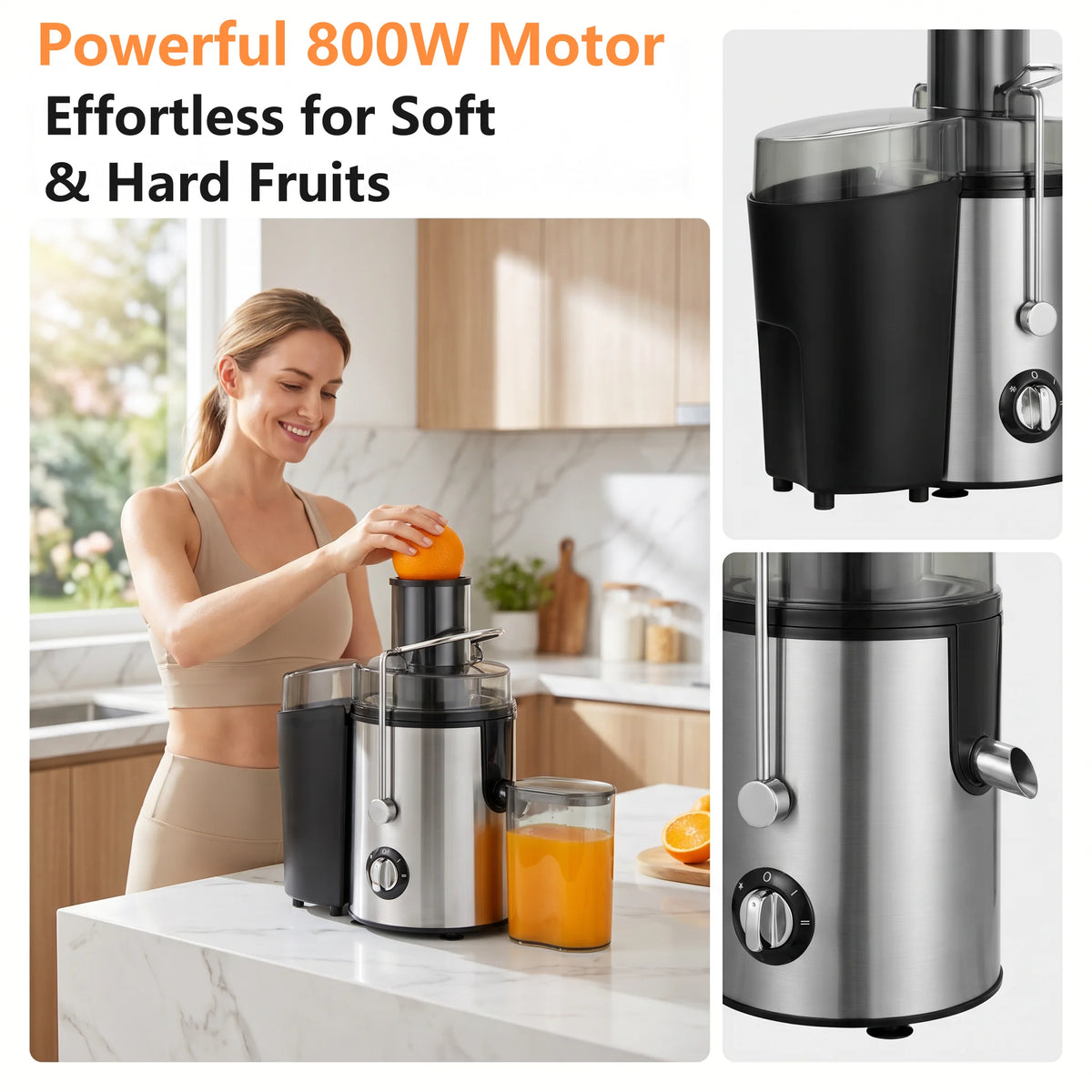 Electric Juicer Fruit Vegetable Extractor 800W 2Speed 7cm Large Chute Stainless Steel High Yield Easy Clean Kitchen Appliance