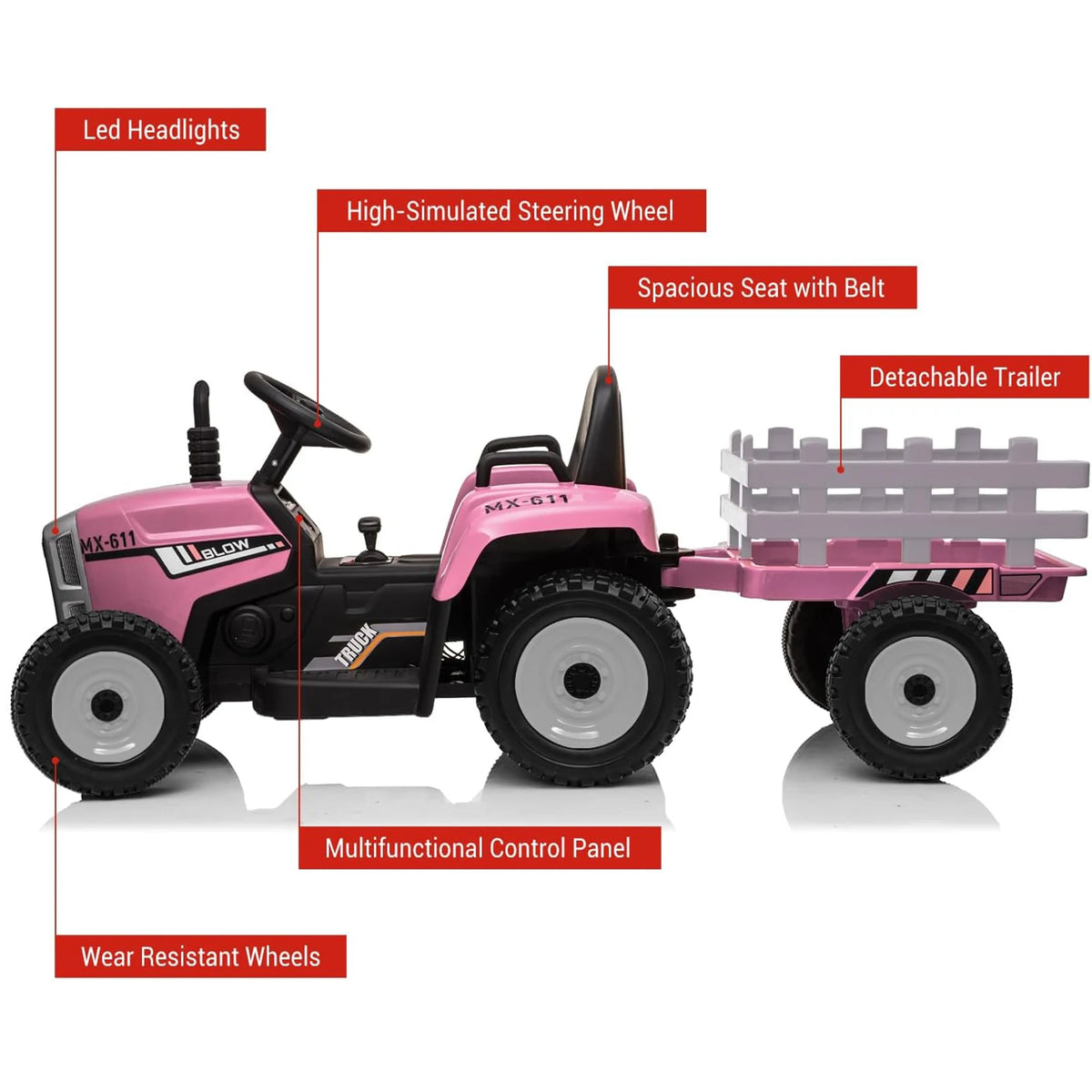 12V Kids Ride On Tractor With Trailer, Parent Remote Control, 35W Motor, EVA Tires, LED Lights, MP3 USB, 5 MPH Electric Car