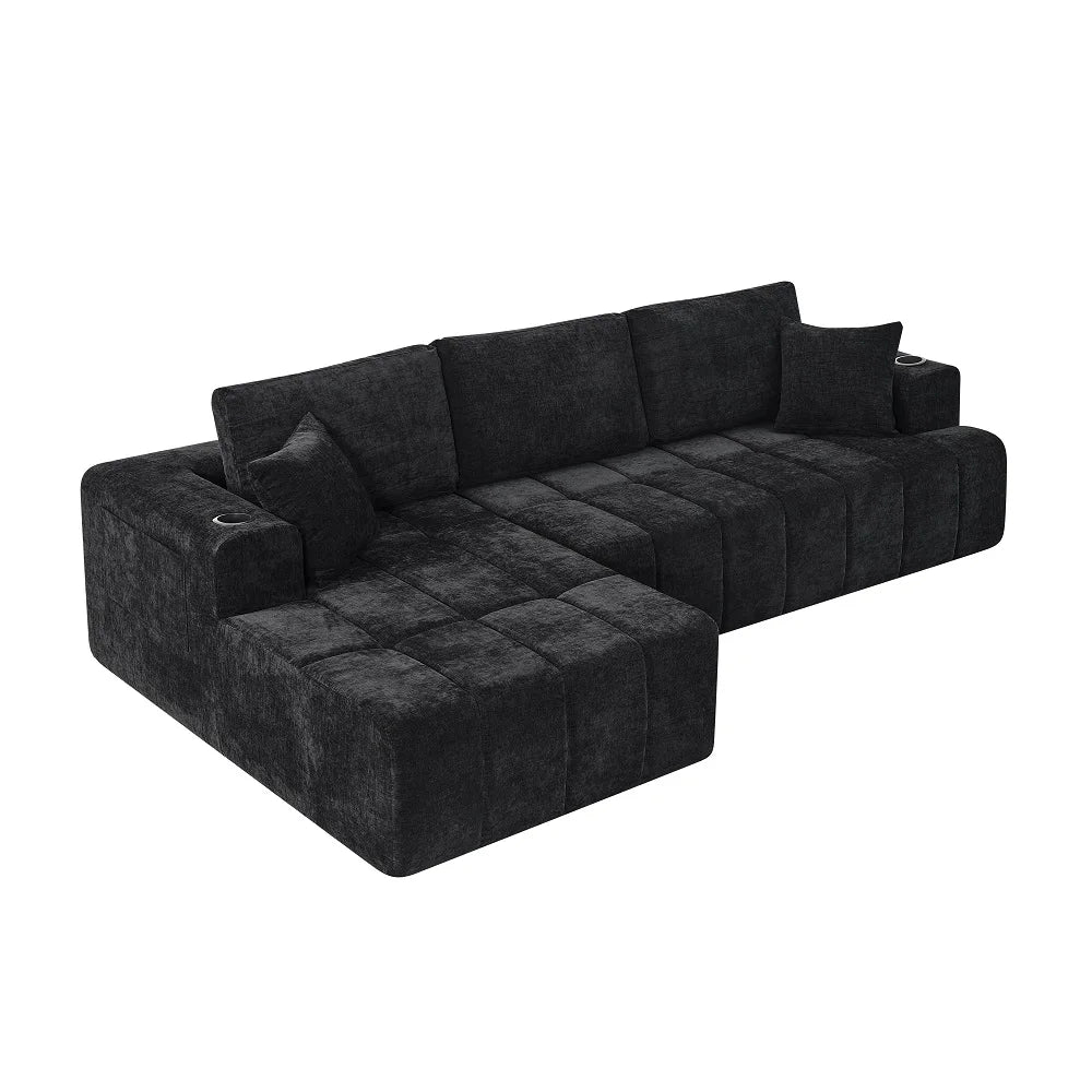 108 Inch L Shaped Boneless Sectional Sofa with Chaise Lounge Cup Holders and Side Storage Pockets Chenille Sofa for Apartment and Home