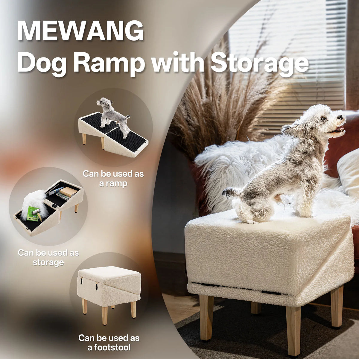 Dog Ramp with Storage for Small Dogs & Cats–1.5ft Pet Stairs,Footstool and Hidden Storage Box,3-in-1 Design,Anti-Slip, Supports up to110lbs, Suitable for Sofas, Beds,and Living Room Use-Beige/Gray