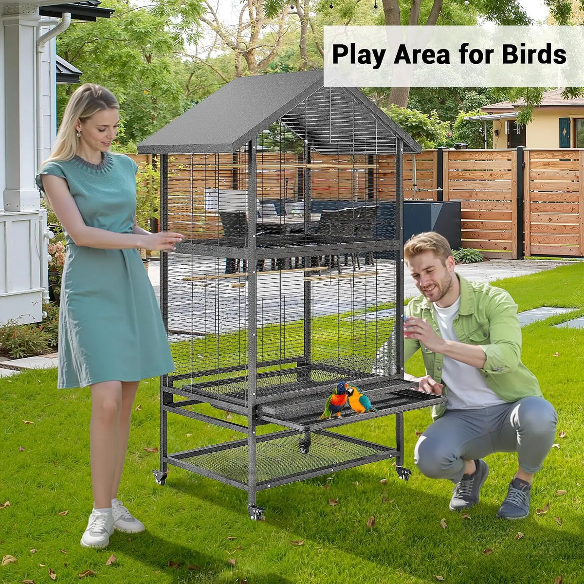 65.7inch Luxury Large Wrought Iron Bird Cage with Rolling Stand, Tray, Feeders, Perches Metal Steel Corner Parrot Canary Aviary Pet House Indoor Outdoor Use