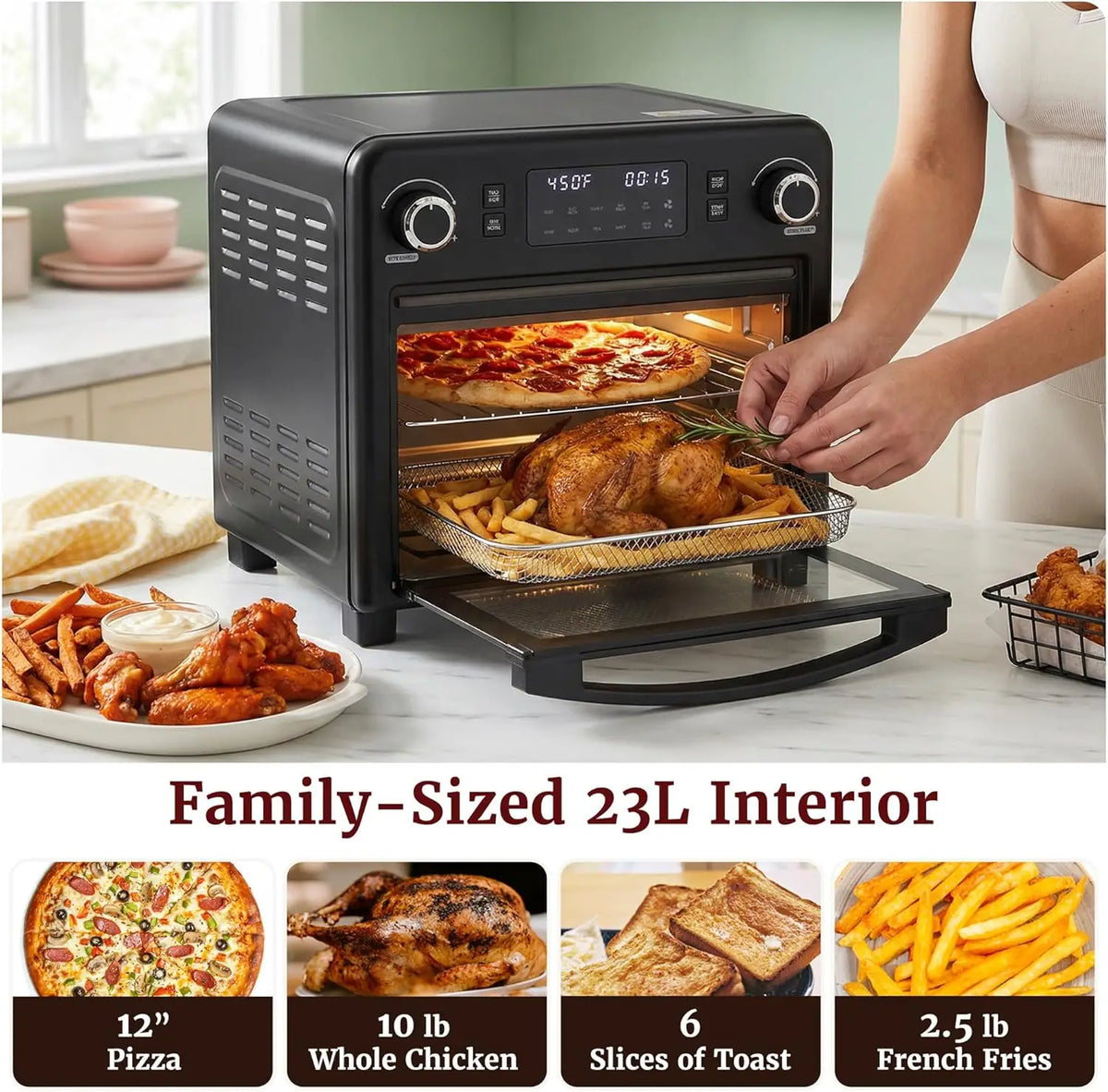 23L 10-in-1 Digital Air Fryer Toaster Oven, Dual Fan Speeds Convection Countertop Oven, 1600W, Air Fry, Bake, Broil, Toast, Dehy