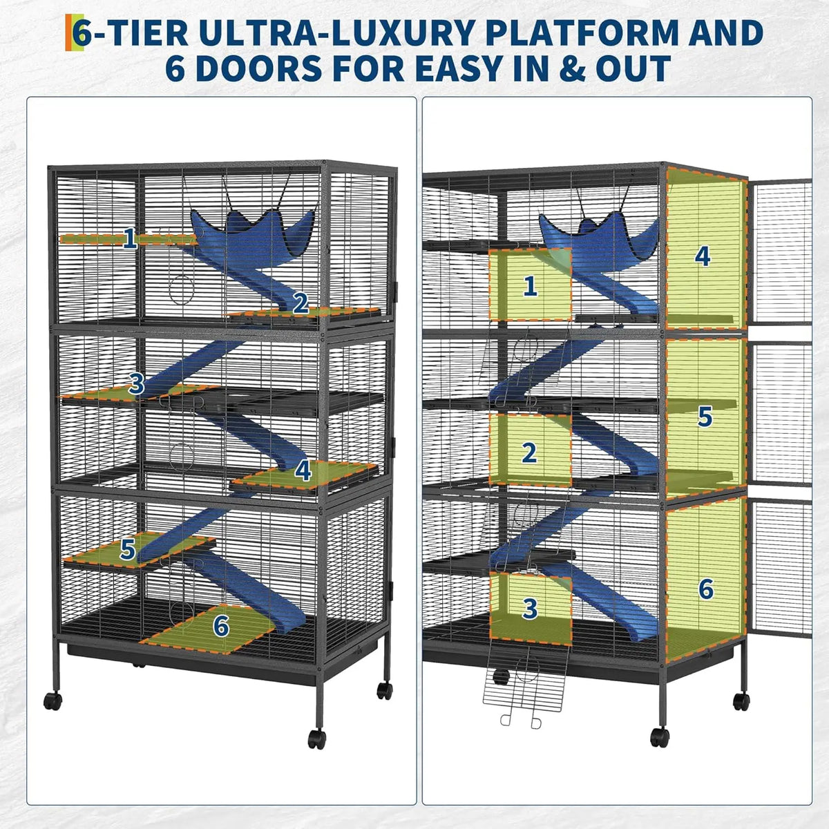 Bird Cage, 6-Tier Animal Cage with Rolling Stand | Metal Parrot Cage with 6 Access Doors, Non-Slip Flannel Ramps & Hammock for Ferret, Guinea Pig, Rabbit & Squirrel