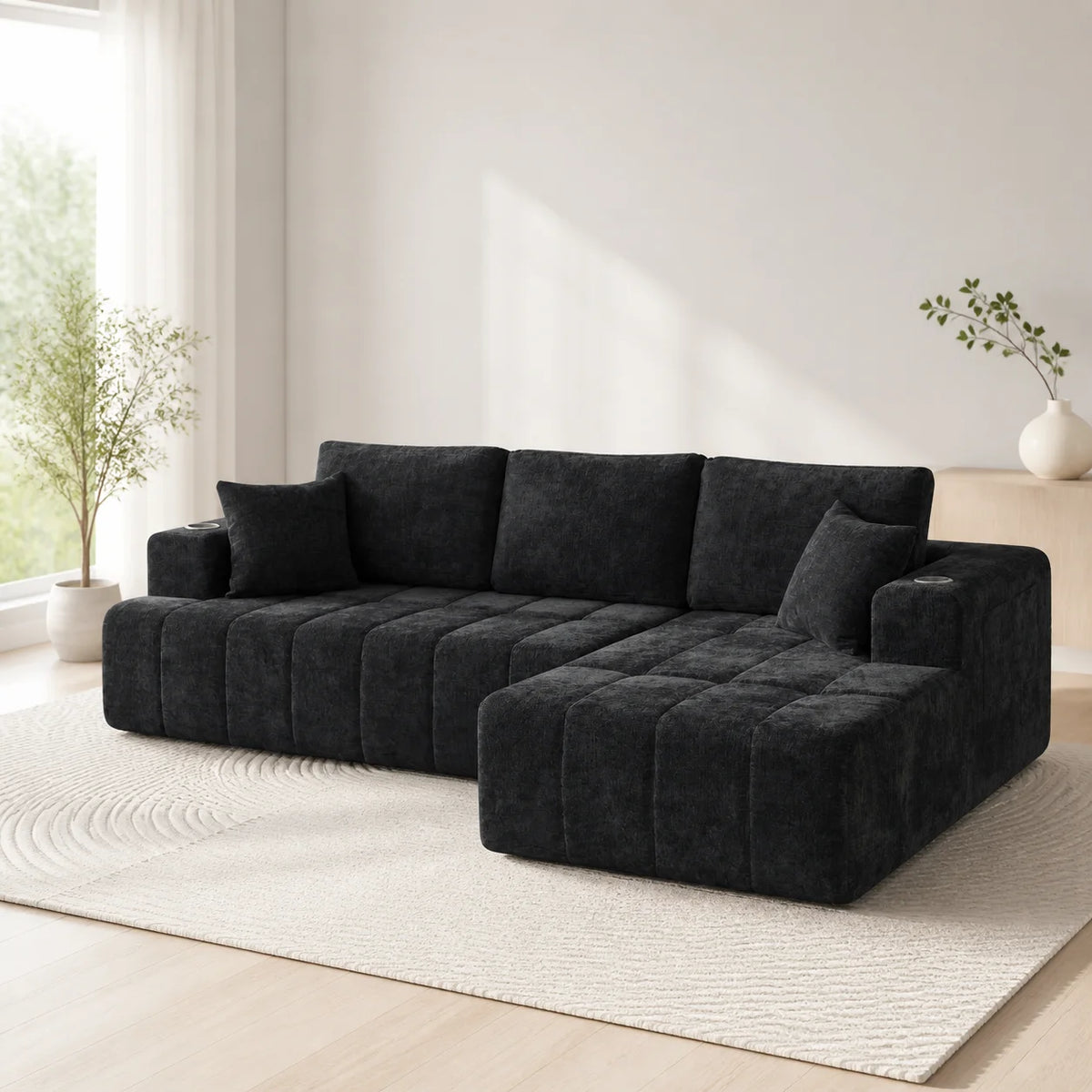 108 Inch L Shaped Boneless Sectional Sofa with Chaise Lounge Cup Holders and Side Storage Pockets Chenille Sofa for Apartment and Home