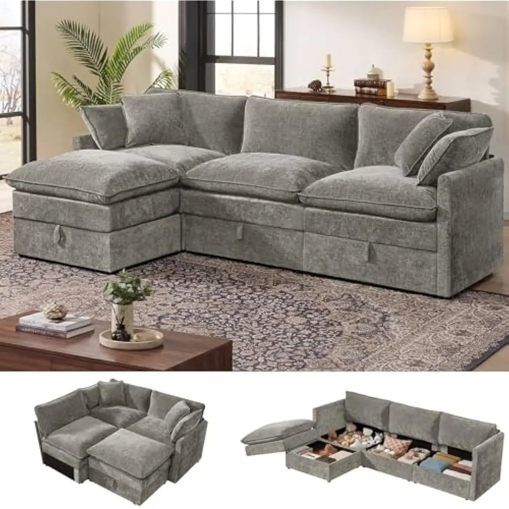 103-inch L-shaped modular sectional sofa with concealed under-seat storage compartments, deep 25-inch chenille seating, dual-lay
