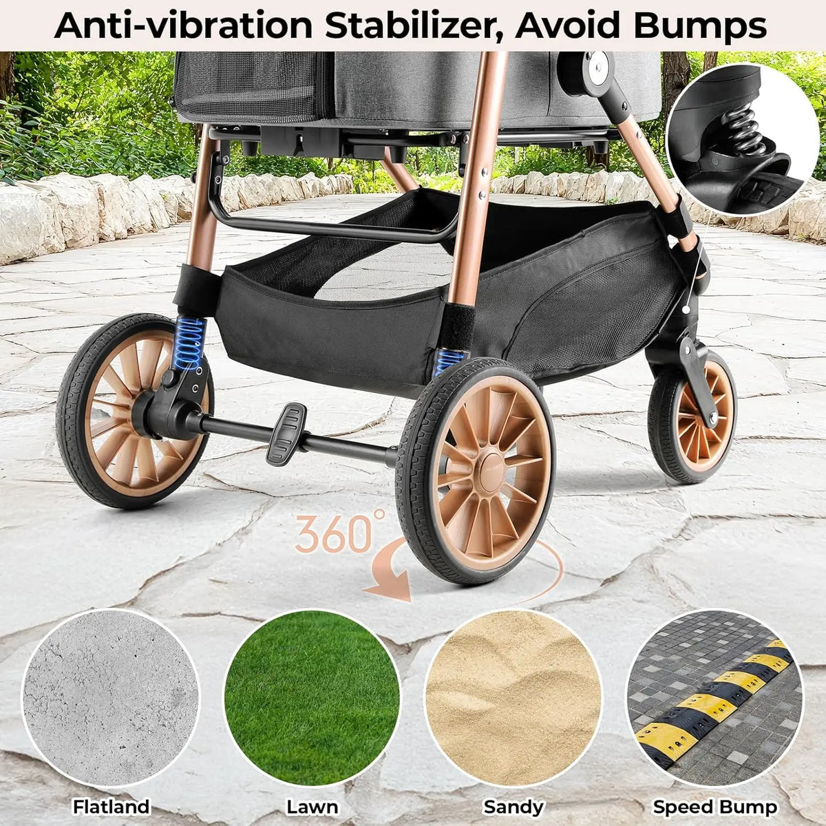 Dog Stroller All-Terrain Pet Stroller with Detachable Carrier One-Click Folding Buggy for Dogs and Cats up to 25kg, 360° Wheels