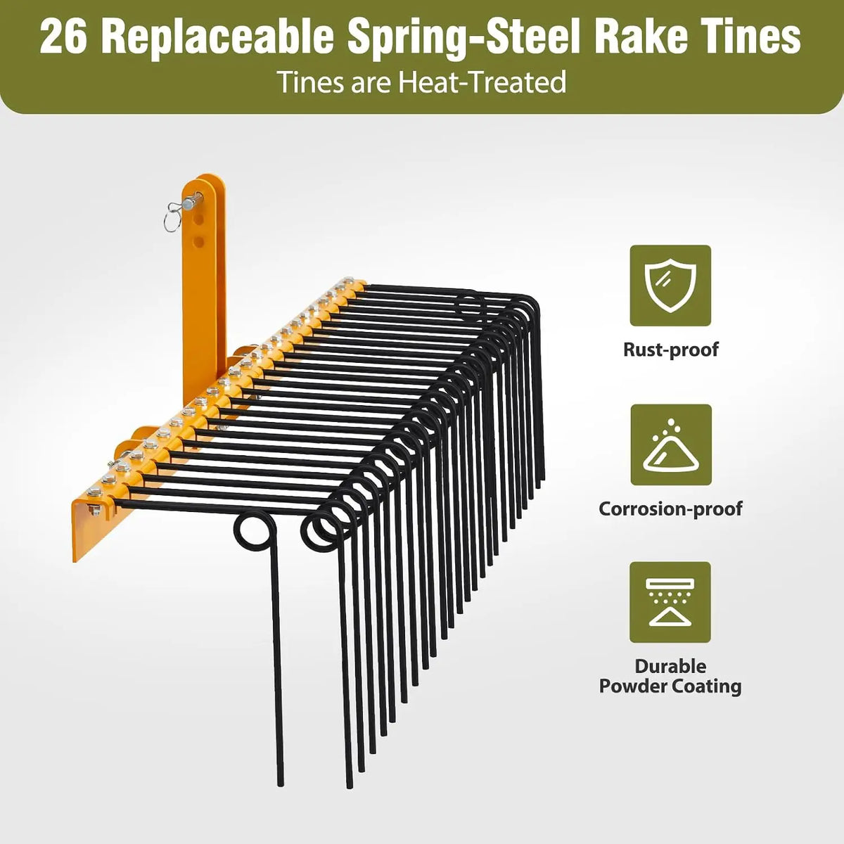 72inch Farming Rake Rake Pine Soil Rake with 30 Spring Tines Powder-Coated Steel Landscape Rake for Leaves, Grass & Dethatching – Fits Cat-0/Cat-1 Tractors with 3-Point Hitch