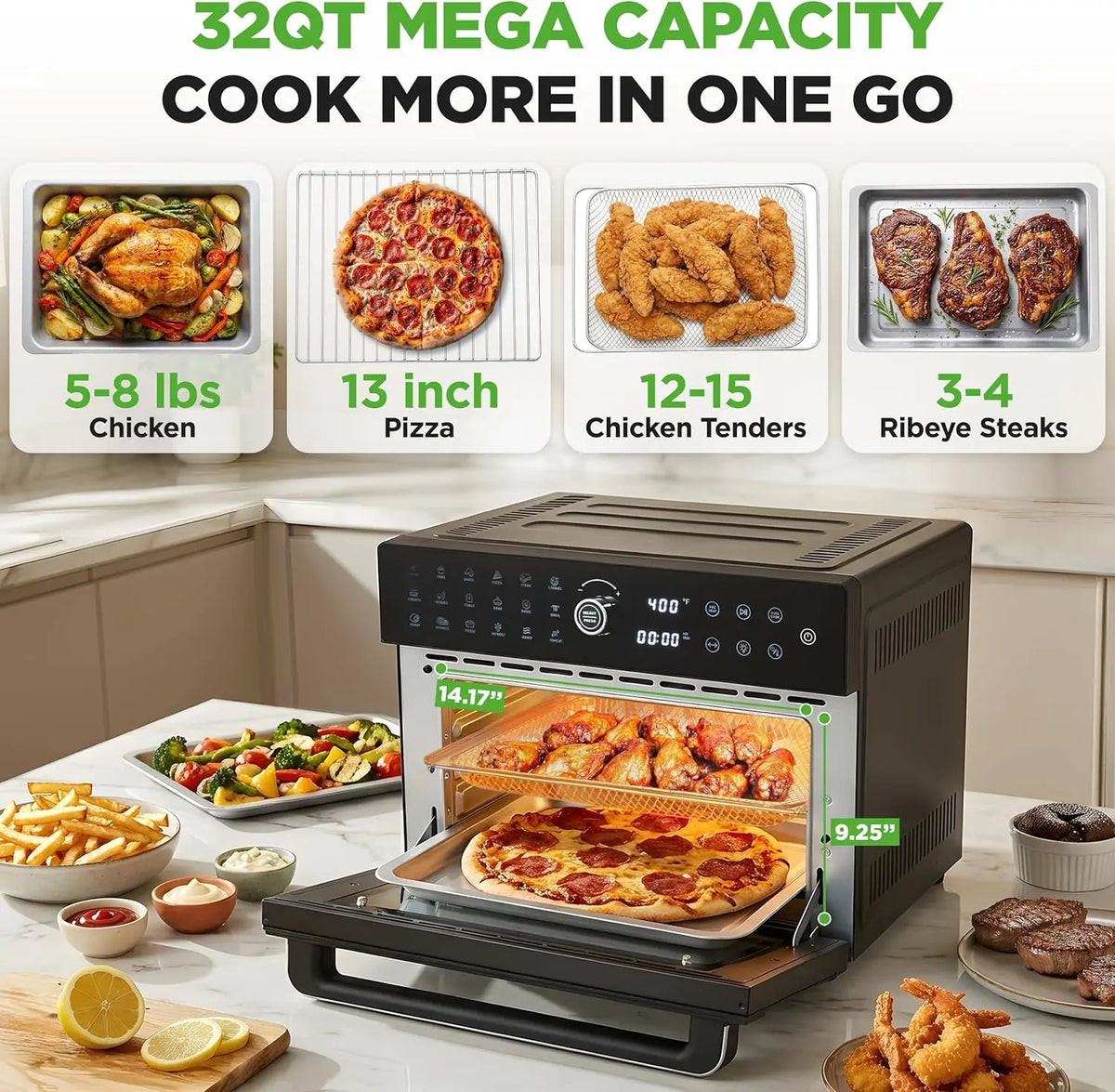 32-Quart Digital Air Fryer and Oven with 20 Presets, Dual Cook, Rotisserie, Bake Functions | Multi-Function Convection Counterto
