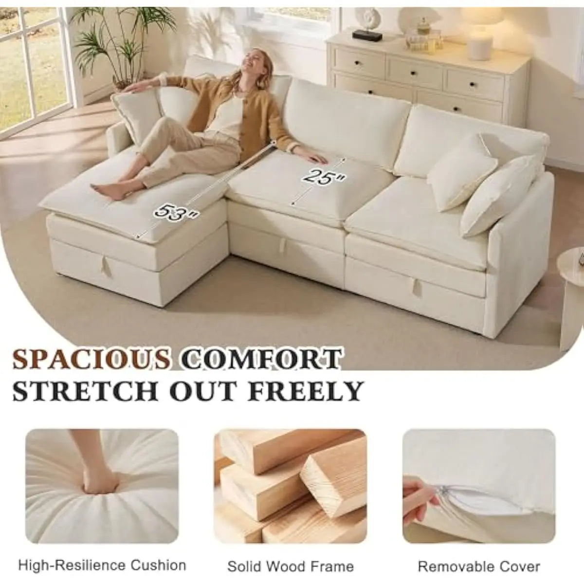 103-inch L-shaped modular sectional sofa with concealed under-seat storage compartments, deep 25-inch chenille seating, dual-lay