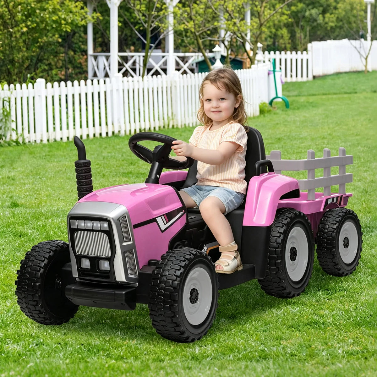12V Kids Ride On Tractor With Trailer, Parent Remote Control, 35W Motor, EVA Tires, LED Lights, MP3 USB, 5 MPH Electric Car