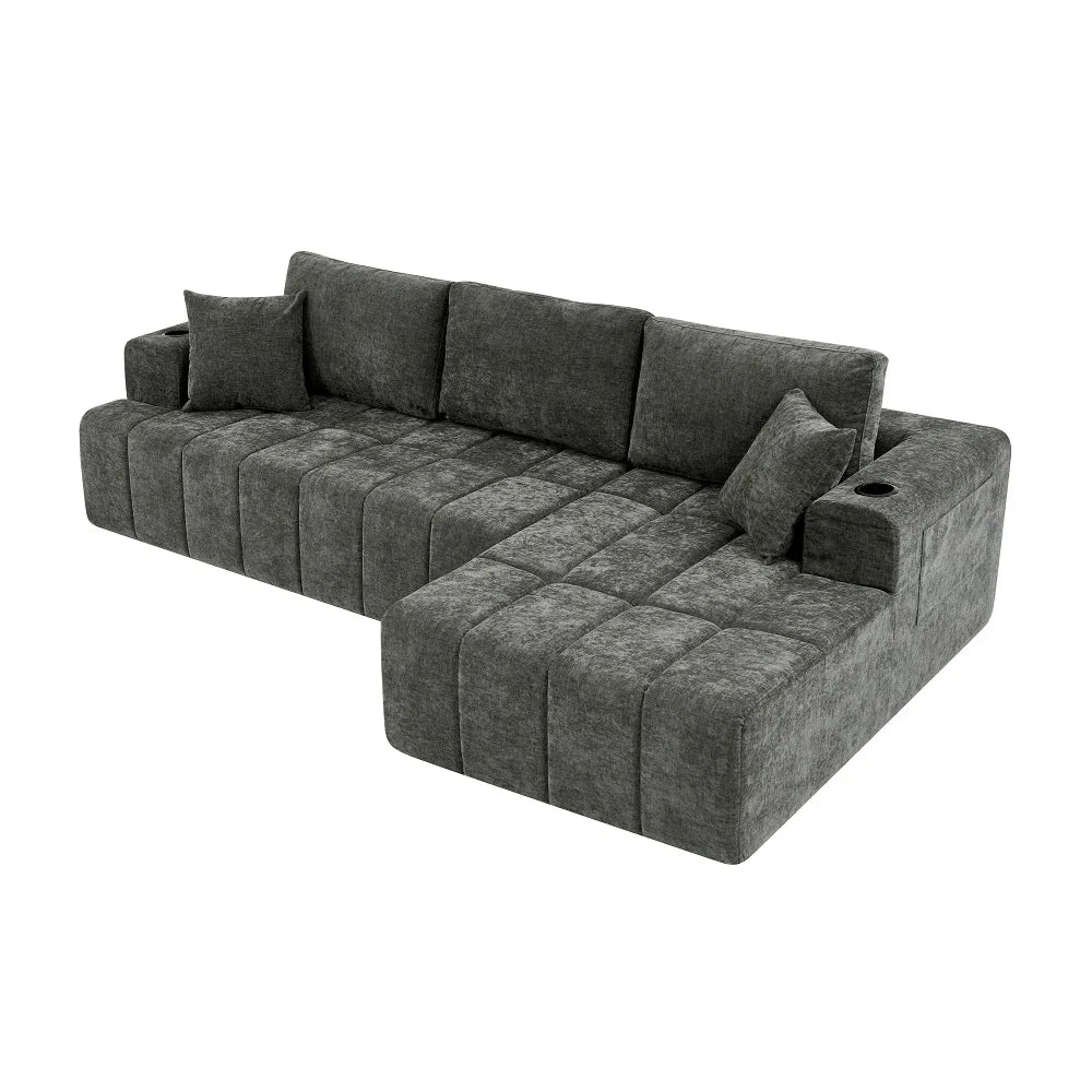 108 Inch L Shaped Boneless Sectional Sofa with Chaise Lounge Cup Holders and Side Storage Pockets Chenille Sofa for Apartment and Home