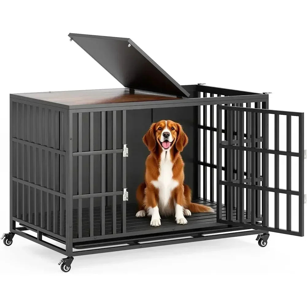 Sturdy Wooden Dog Crate for Large and Medium Breeds, Indoor Kennel with Removable Tray, Brown Decorative Pet House End Table (49