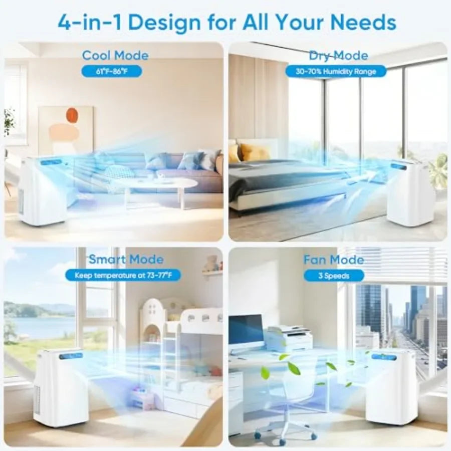 Portable air conditioner for room cooling up to 500 sq. ft, aluminum housing, white, 12000 BTU 3-in-1 quiet unit with dehumidif