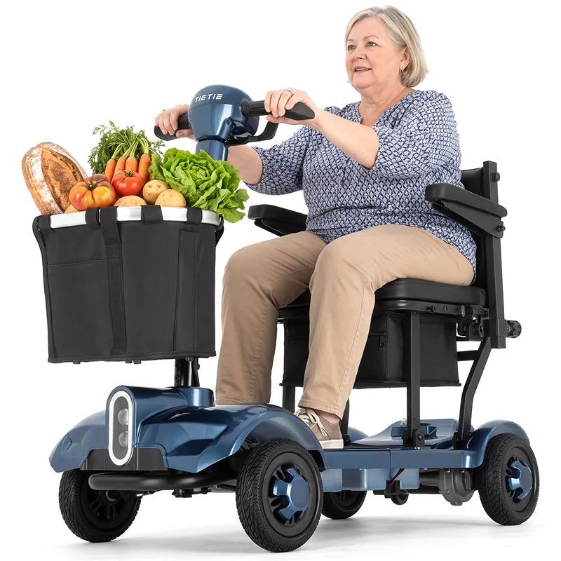X17 4 Wheel Folding Electric Elderly Mobility Scooter 270W Motor 24V 10.4Ah Lithium Battery 10Miles Range 5MPH 12°Climbing Solid Tires Anti‑tip Wheels LED Light For Seniors Disabled Adults