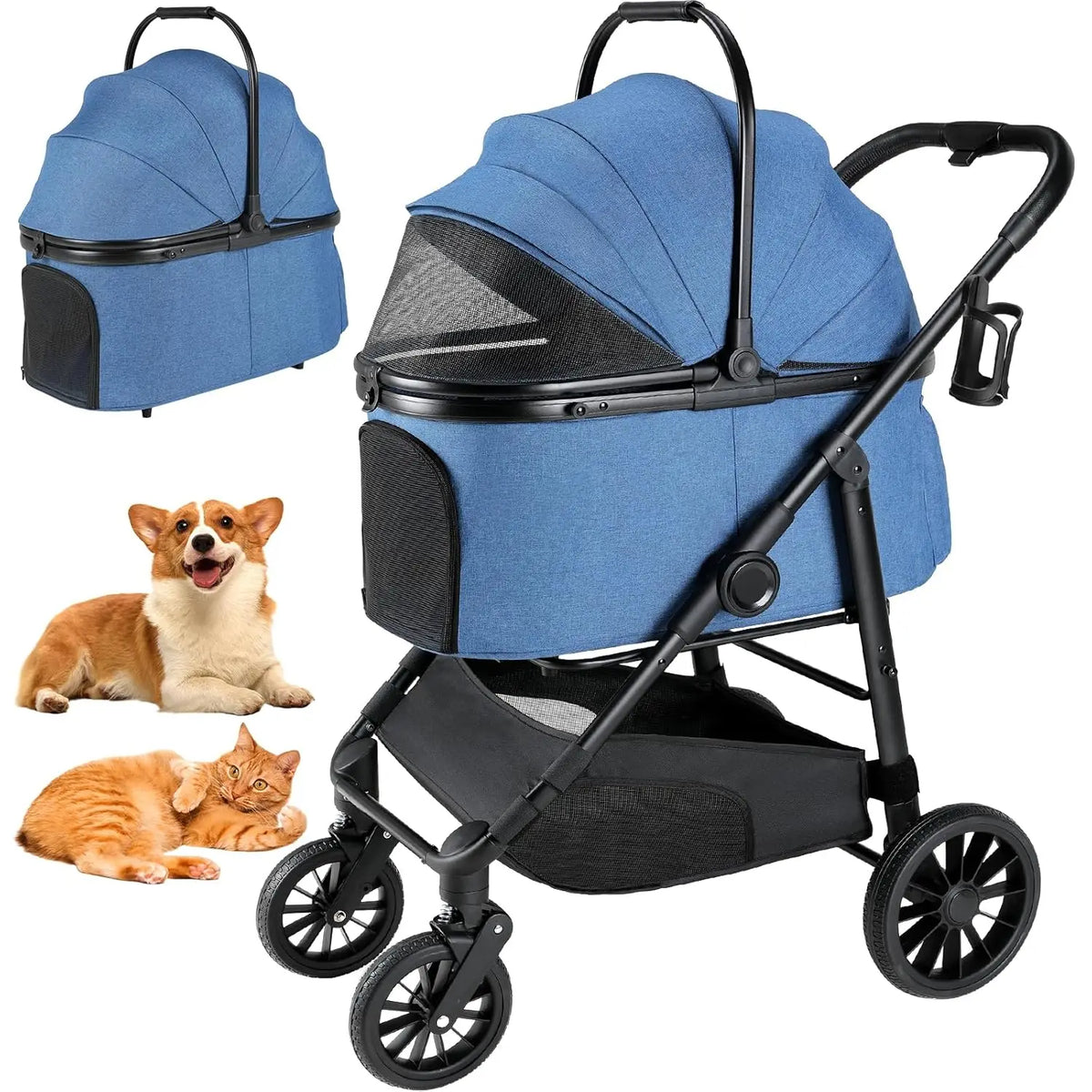Dog Stroller All-Terrain Pet Stroller with Detachable Carrier One-Click Folding Buggy for Dogs and Cats up to 25kg, 360° Wheels