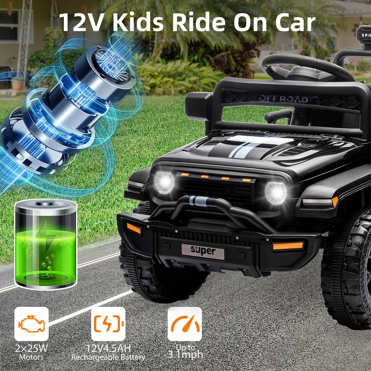 12V Kids Ride On Truck - Battery Powered Electric Car with Remote Control - Dual 25W Motors - 4-Wheel Spring Suspension - LED Headlights - Music Player - 2 Speeds - For Boys & Girls Ages 3-5