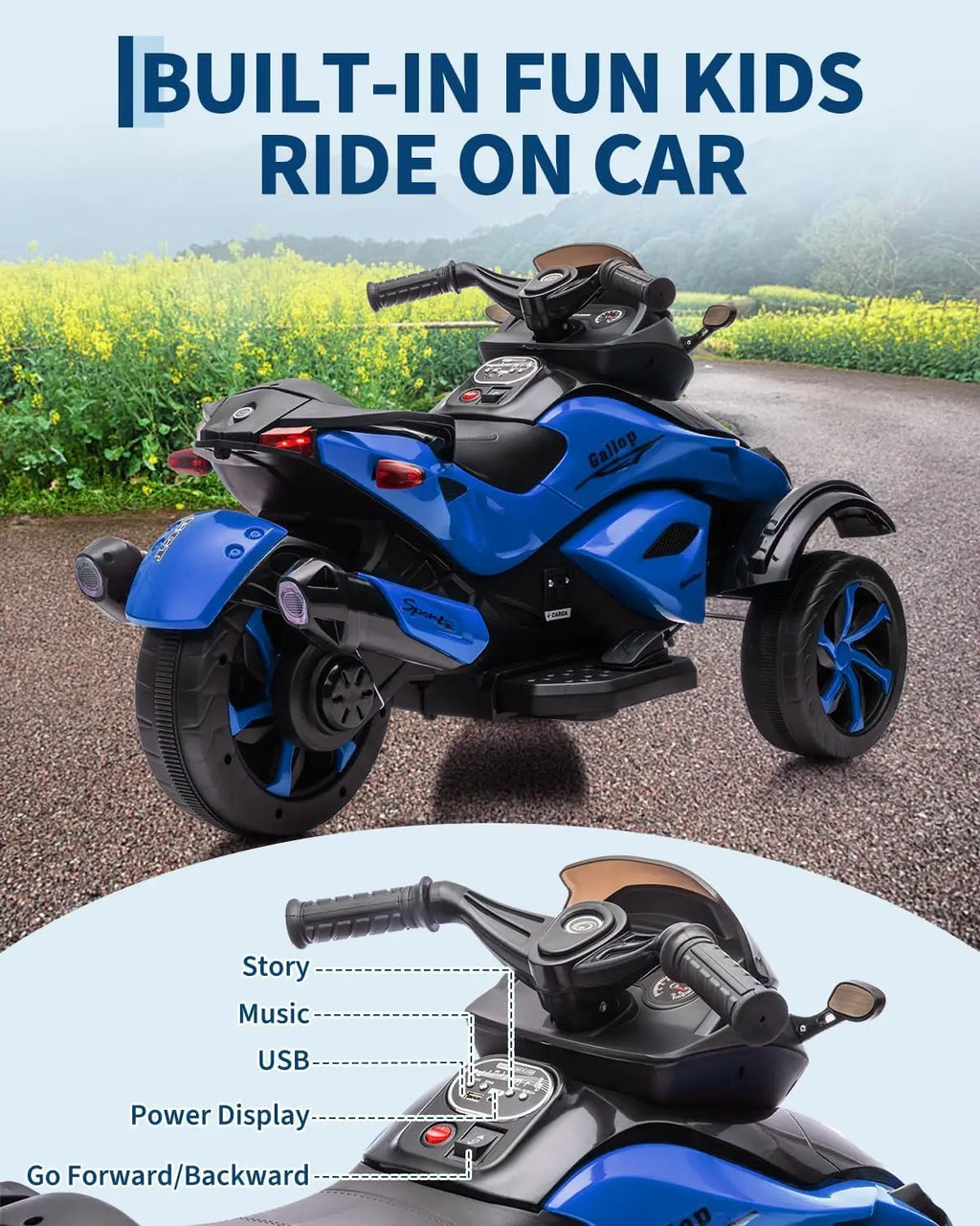 12V Kids Ride On ATV 3 Wheel Electric Motorcycle With LED Lights, Music, Tread Tires, Battery Powered Off Road Toy Ages 3-6