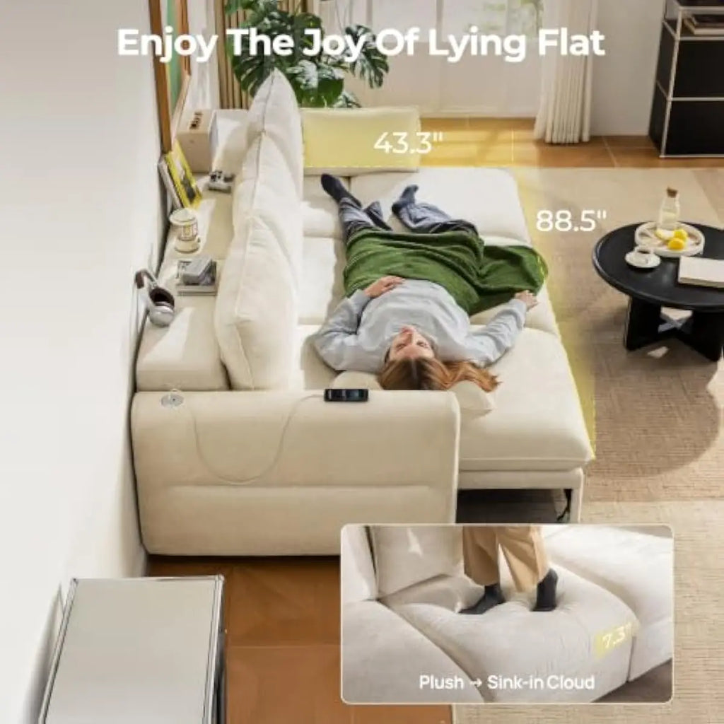 103 Inch Electric Convertible Sofa Bed with One-Touch Remote Control • 3 Adjustable Seating Configurations • 4 Functional Layout