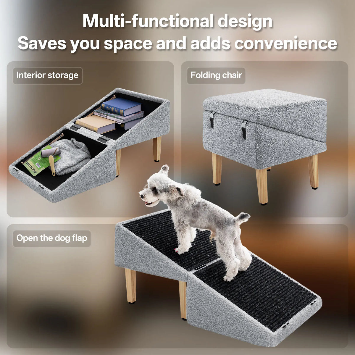 Dog Ramp with Storage for Small Dogs & Cats–1.5ft Pet Stairs,Footstool and Hidden Storage Box,3-in-1 Design,Anti-Slip, Supports up to110lbs, Suitable for Sofas, Beds,and Living Room Use-Beige/Gray