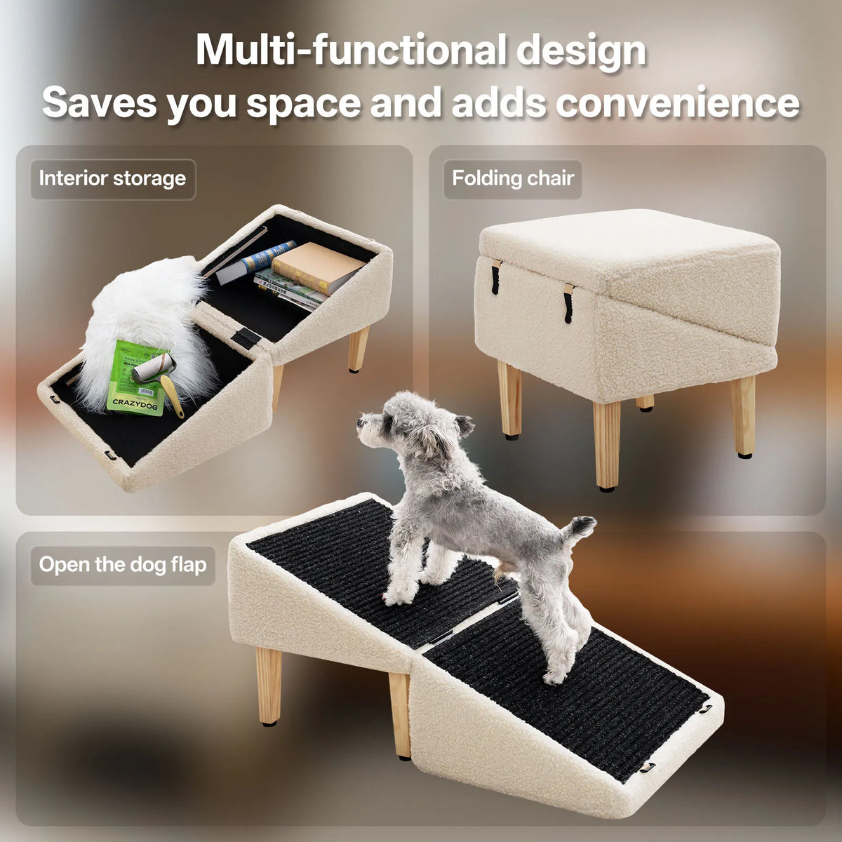Dog Ramp with Storage for Small Dogs & Cats–1.5ft Pet Stairs,Footstool and Hidden Storage Box,3-in-1 Design,Anti-Slip, Supports up to110lbs, Suitable for Sofas, Beds,and Living Room Use-Beige/Gray