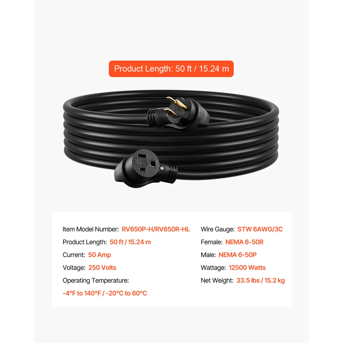 SucceBuy 30-Amp 7500Watts / 50-Amp 12500 Watts Generator Extension Cord 50 Foot 250 Volts Heavy Duty Power Cable, NEMA 6-50P to 6-50R SWT Flexible Welder Extension Cord with Storage Bag for Generators