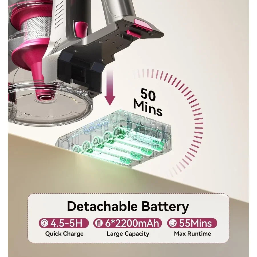 600W/50Kpa Cordless Vacuum Cleaners for Home, 50Mins Stick Vacuum with Self-Standing, Anti-Tangl, Lightweight Wireless Vacuum F
