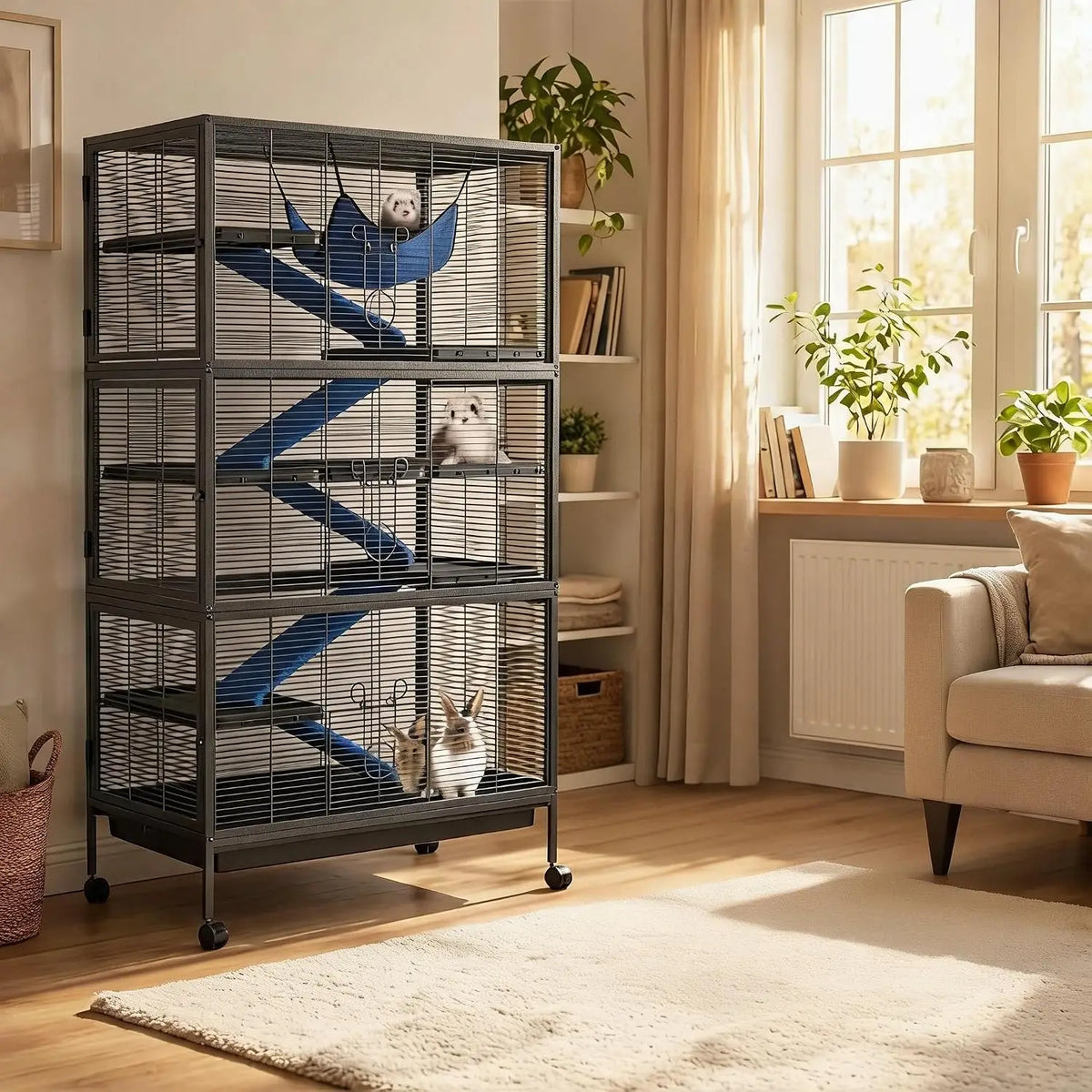 Bird Cage, 6-Tier Animal Cage with Rolling Stand | Metal Parrot Cage with 6 Access Doors, Non-Slip Flannel Ramps & Hammock for Ferret, Guinea Pig, Rabbit & Squirrel