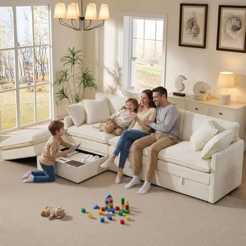 103-inch L-shaped modular sectional sofa with concealed under-seat storage compartments, deep 25-inch chenille seating, dual-lay