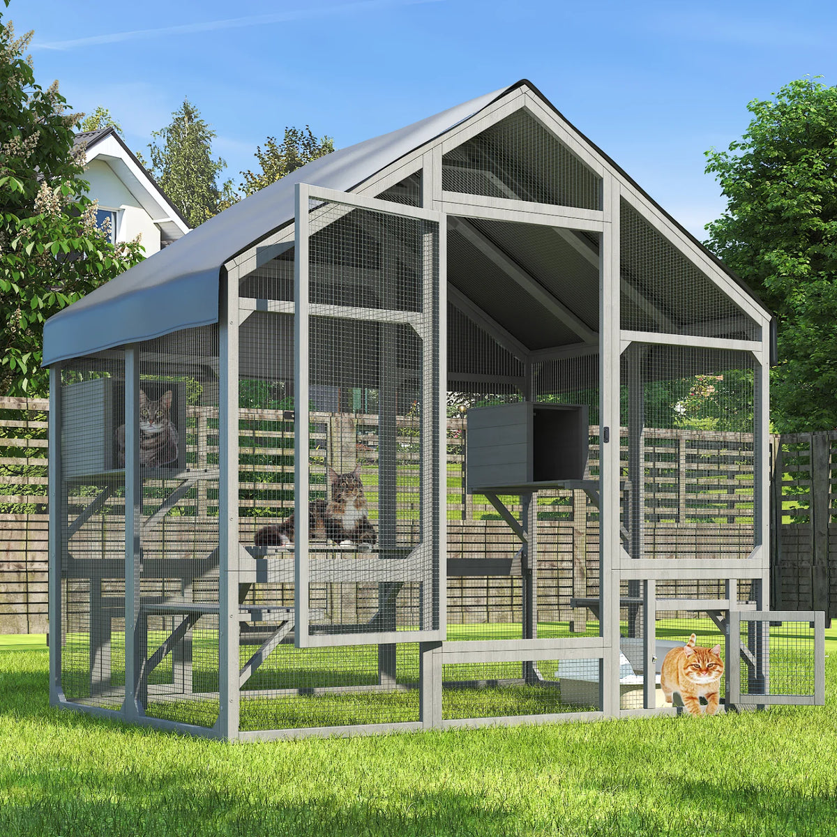 71" Large Outdoor Cat Catio with Waterproof Cover, Walk-In Cat Enclosure with 7 Tiered Platforms & 2 Resting Boxes for Multiple Cats
