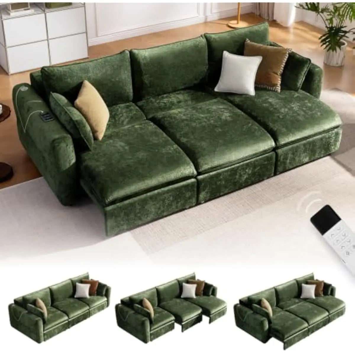 103 Inch Electric Convertible Sofa Bed with One-Touch Remote Control • 3 Adjustable Seating Configurations • 4 Functional Layout