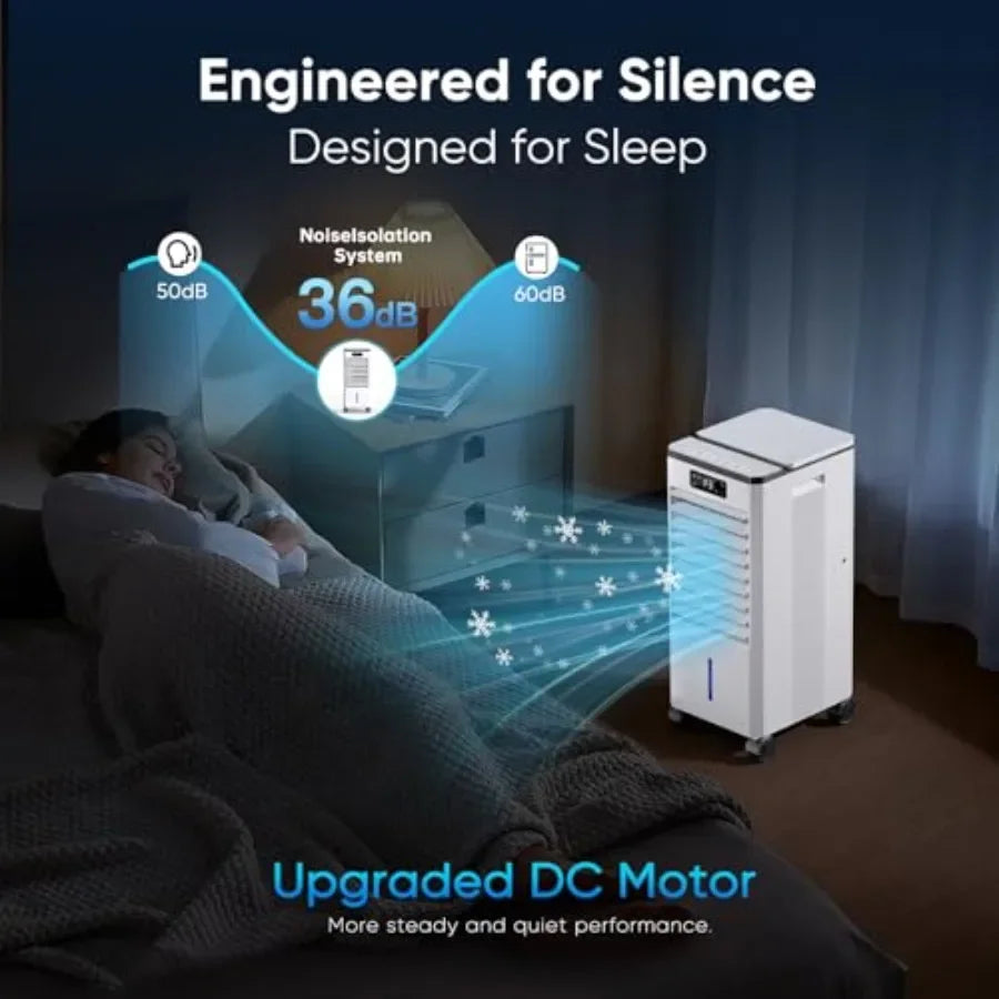 Windowless Portable Air Conditioner for indoor use, plastic housing, white, no-hose evaporative cooling with 3 modes, 3 speeds,
