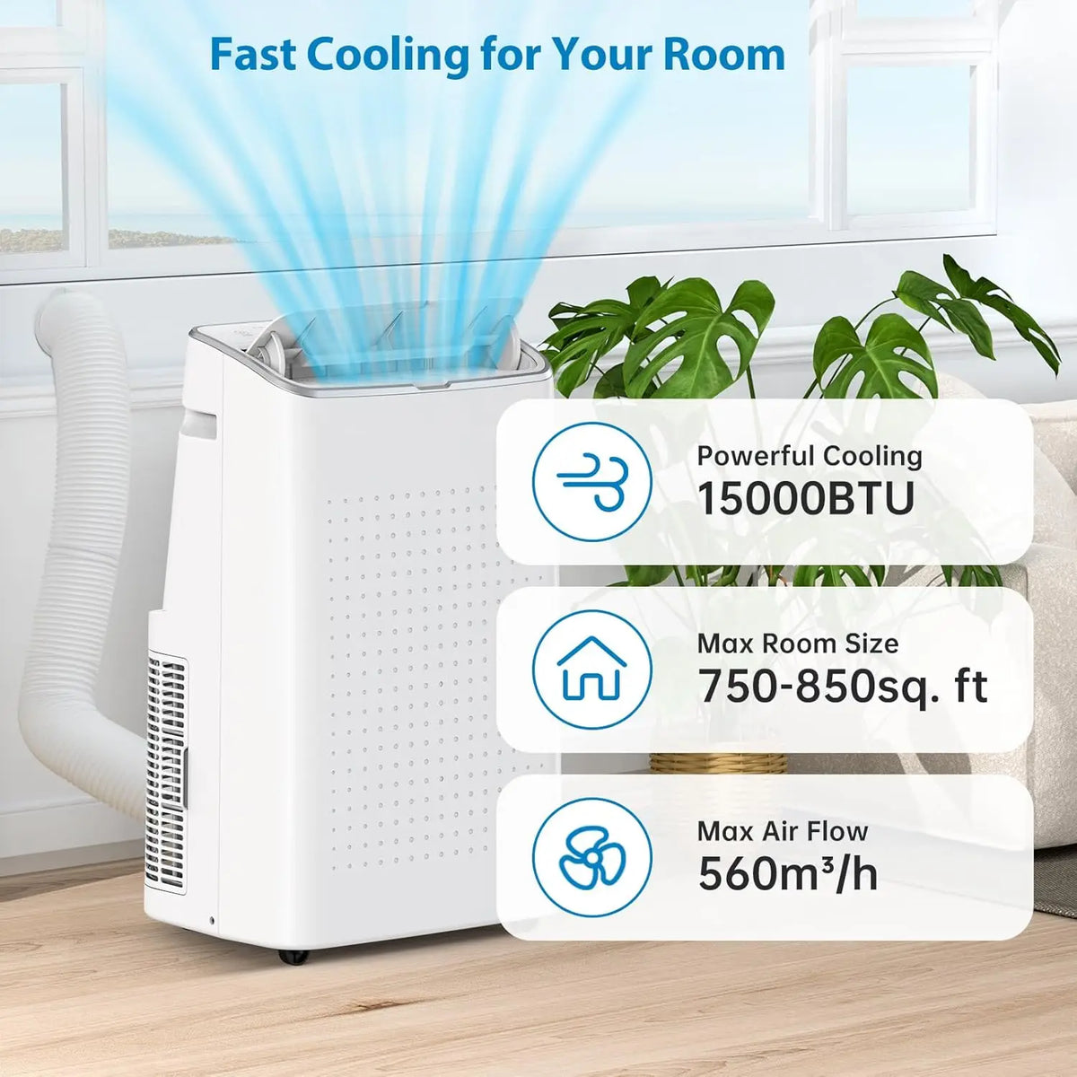 15000 BTUs Portable Air Conditioner with Cooling, Dehumidifier, Fan 3-in-1 Room Air Conditioner, 24 Hour Timer/Sleep Mode, Cools up to 850 Sq. Ft. for Home Garage Office