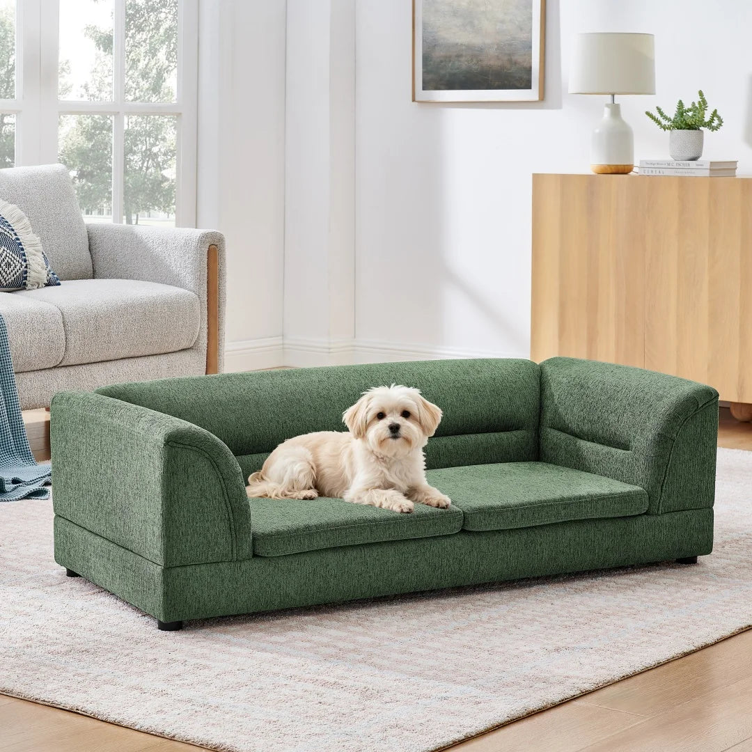 Oversized Pet Sofa Bed for Large Dogs, Olive Green Linen Fabric Dog Couch with Curved Armrests, Raised Minimalist Pet Furniture for Cats & Dogs