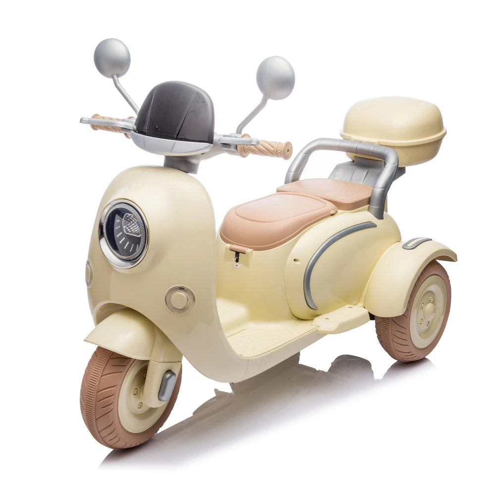 12V Two Motors Kids Ride On Level Up Two-seater Electric Motorcycle, Three-wheel Toy W/Music, Bluetooth, USB, Backseat Flip Adult Seat, Portable Storage Hooks & Oversized Trunk, LED Headlight For Kids 3-6.