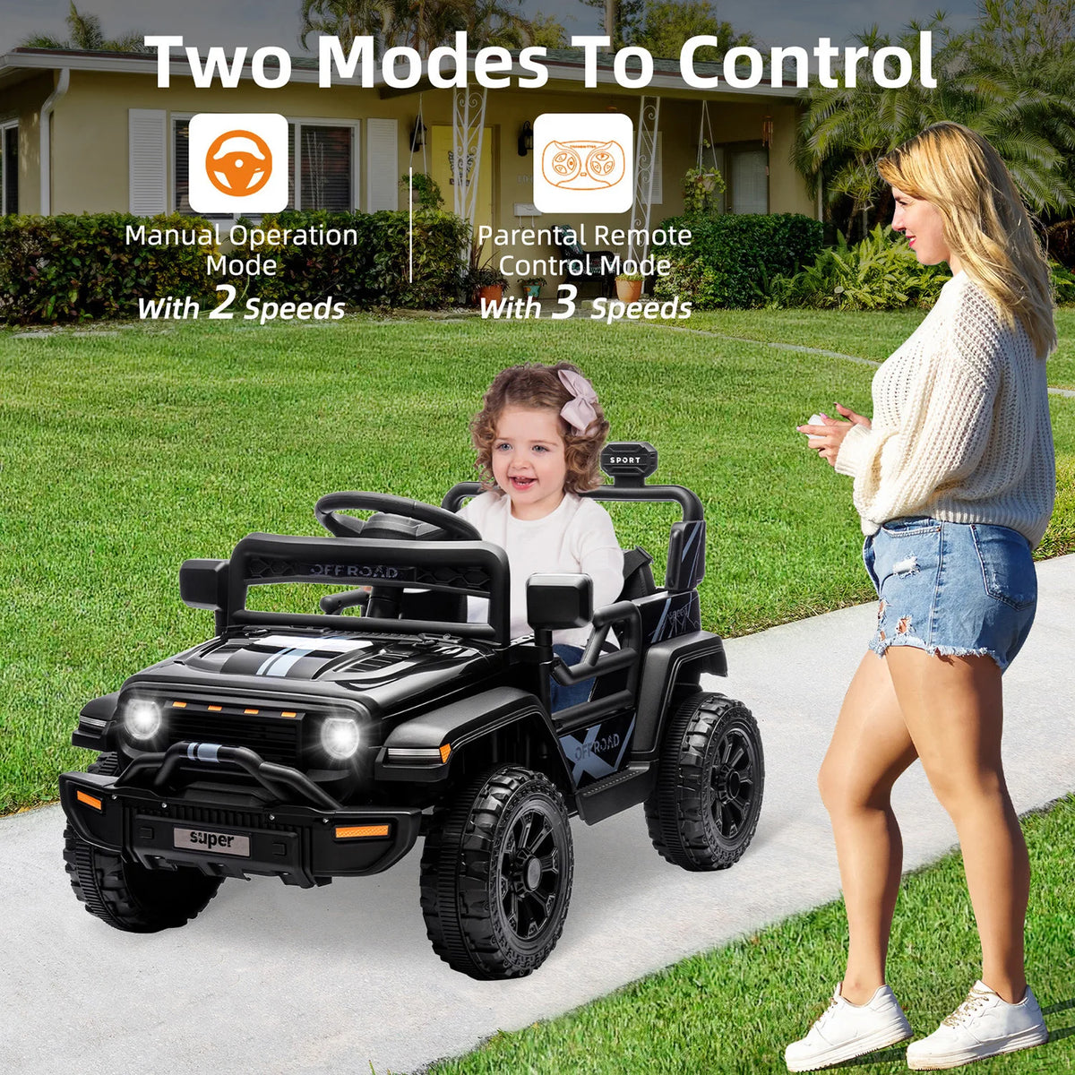 12V Kids Ride On Truck - Battery Powered Electric Car with Remote Control - Dual 25W Motors - 4-Wheel Spring Suspension - LED Headlights - Music Player - 2 Speeds - For Boys & Girls Ages 3-5
