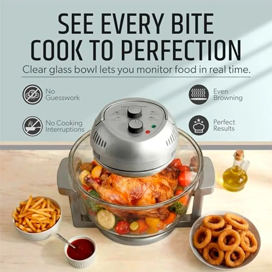 Family-sized air fryer for French fries and chicken: 16Qt glass design, non-toxic stainless steel racks, 3 cooking sections, no