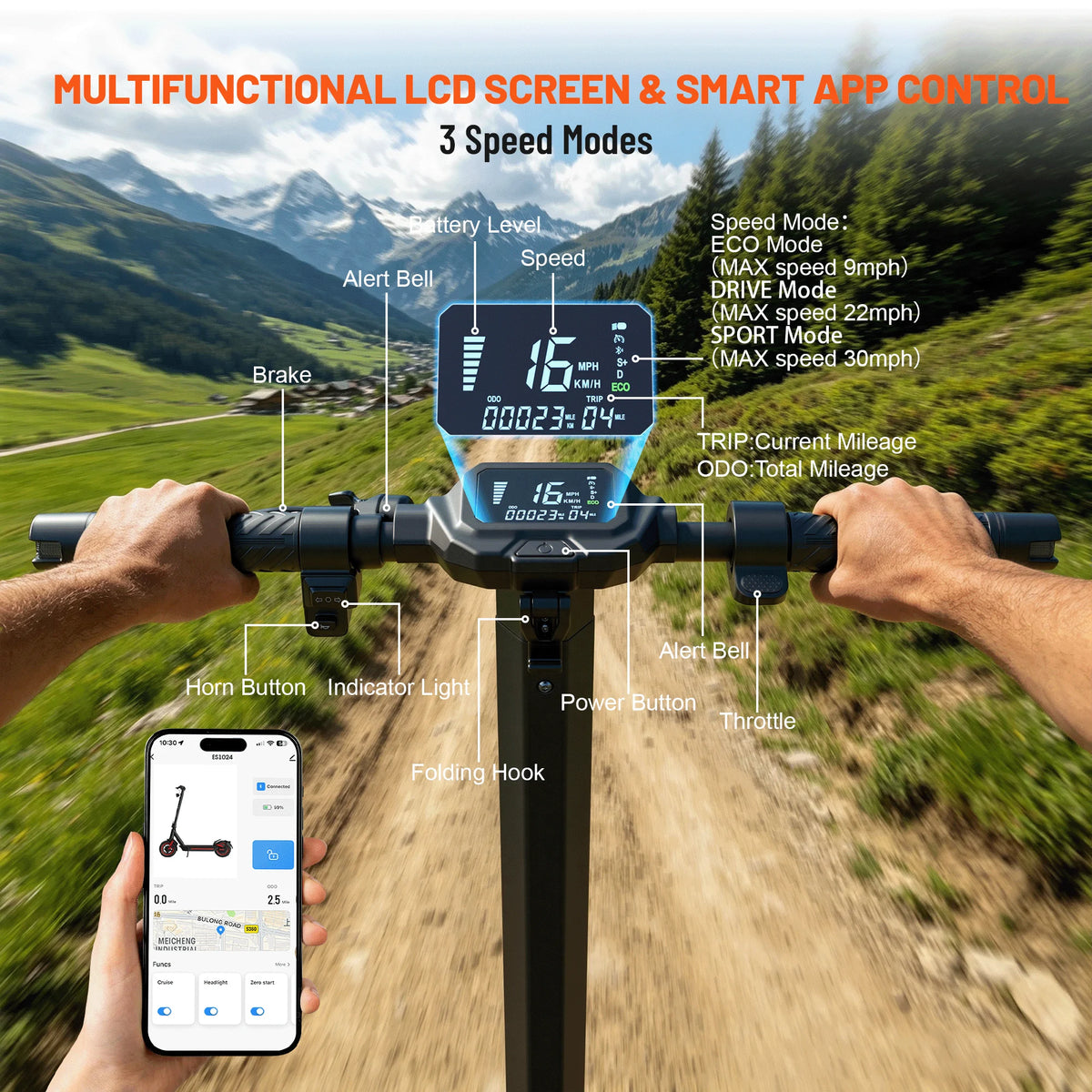 1200W Electric Scooter 10 Inch Folding E Scooter 48V 15Ah Battery Dual Suspension 25KM/H Adult Commuter Scooter