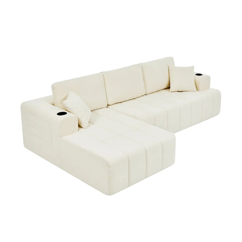 108 Inch L Shaped Boneless Sectional Sofa with Chaise Lounge Cup Holders and Side Storage Pockets Chenille Sofa for Apartment and Home