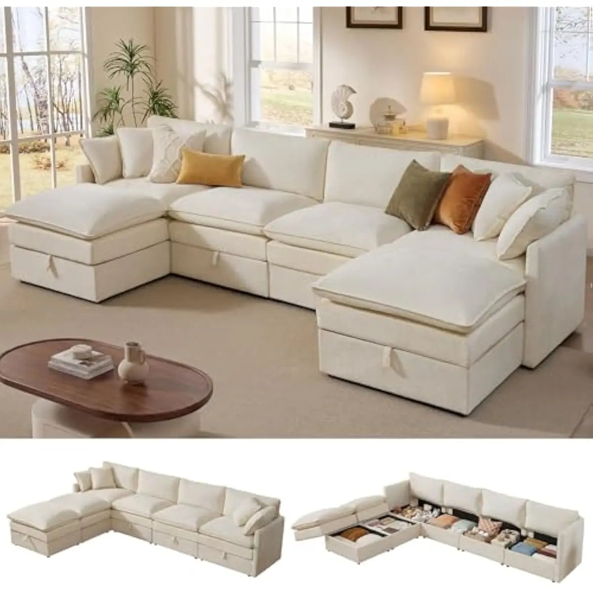 103-inch L-shaped modular sectional sofa with concealed under-seat storage compartments, deep 25-inch chenille seating, dual-lay