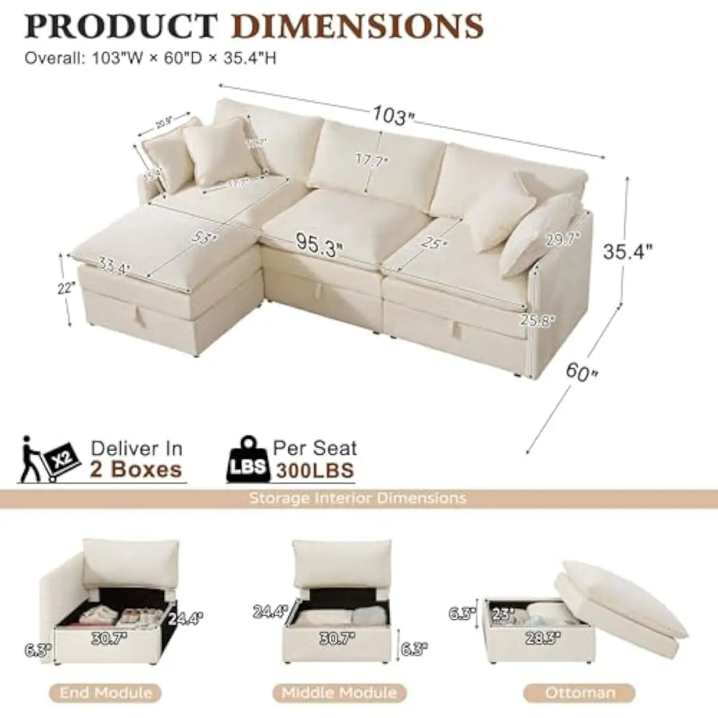 103-inch L-shaped modular sectional sofa with concealed under-seat storage compartments, deep 25-inch chenille seating, dual-lay