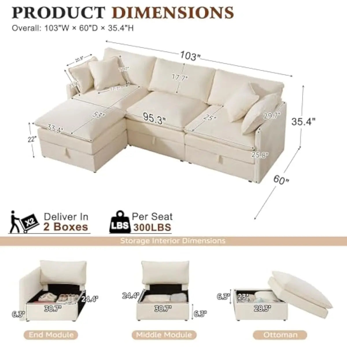 103-inch L-shaped modular sectional sofa with concealed under-seat storage compartments, deep 25-inch chenille seating, dual-lay