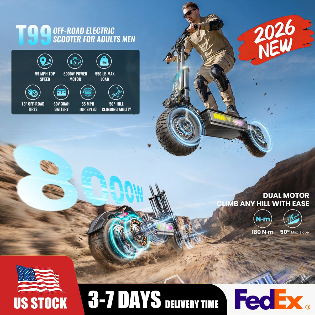 ONECNA T99 8000W Dual Motor Adult Off‑Road Electric Scooter, 60V 38Ah Battery, 55MPH Max Speed, 75 Miles Long Range, All‑Terrain 13" Tires, NFC Card & App Control, Dual Front Rear Suspension UL2272 Certified