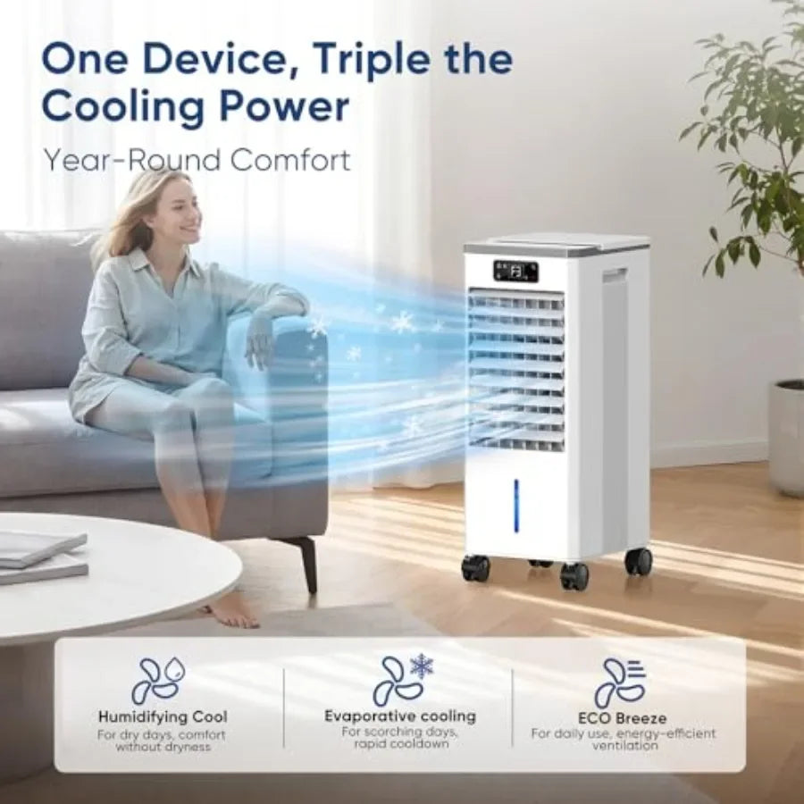 Windowless Portable Air Conditioner for indoor use, plastic housing, white, no-hose evaporative cooling with 3 modes, 3 speeds,
