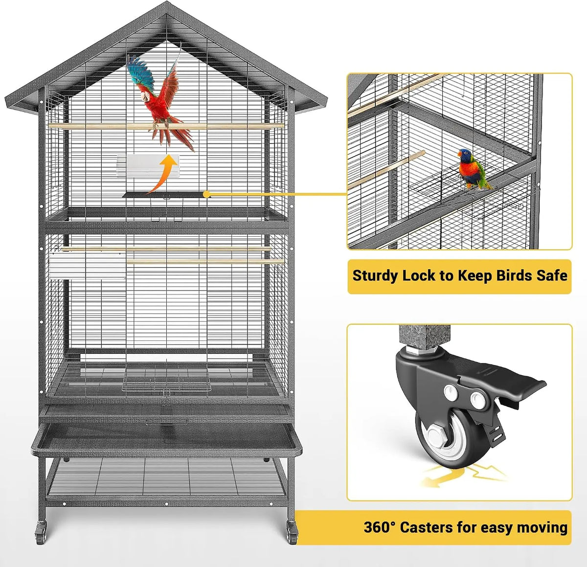 65.7inch Luxury Large Wrought Iron Bird Cage with Rolling Stand, Tray, Feeders, Perches Metal Steel Corner Parrot Canary Aviary Pet House Indoor Outdoor Use