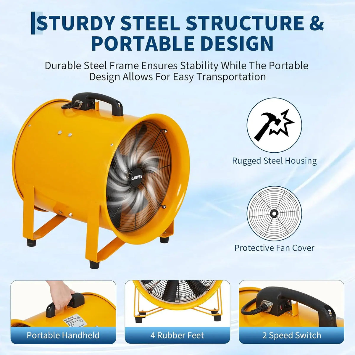 16 Inch Air Mover Blower Fan, 5500 CFM Heavy Duty Industrial Exhaust Fan, 2-Speed Adjustable with 32.8 ft Flexible Duct, Low Noise Portable Blower for Construction, Workshop