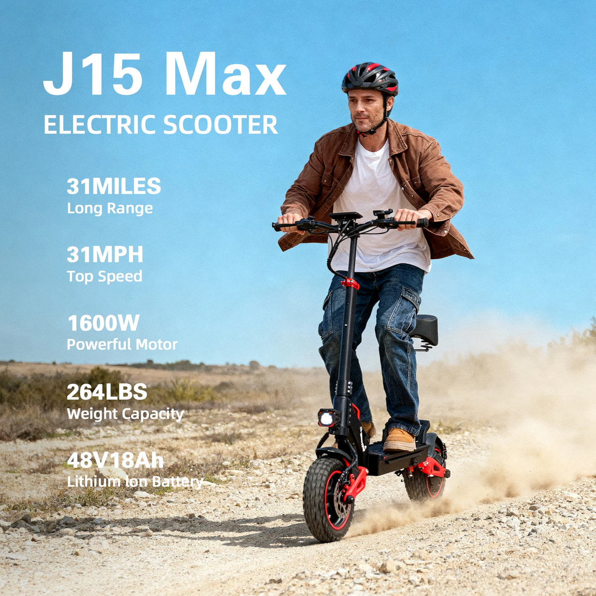 USA/EU/UK/CA 1600W 10'' Off-road Tires Electric Scooter for Adults 48V18Ah Battery 31Miles Range Folding E scooter With Seat