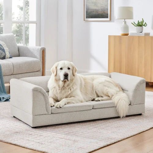 Oversized Pet Sofa Bed for Large Dogs, Olive Green Linen Fabric Dog Couch with Curved Armrests, Raised Minimalist Pet Furniture for Cats & Dogs