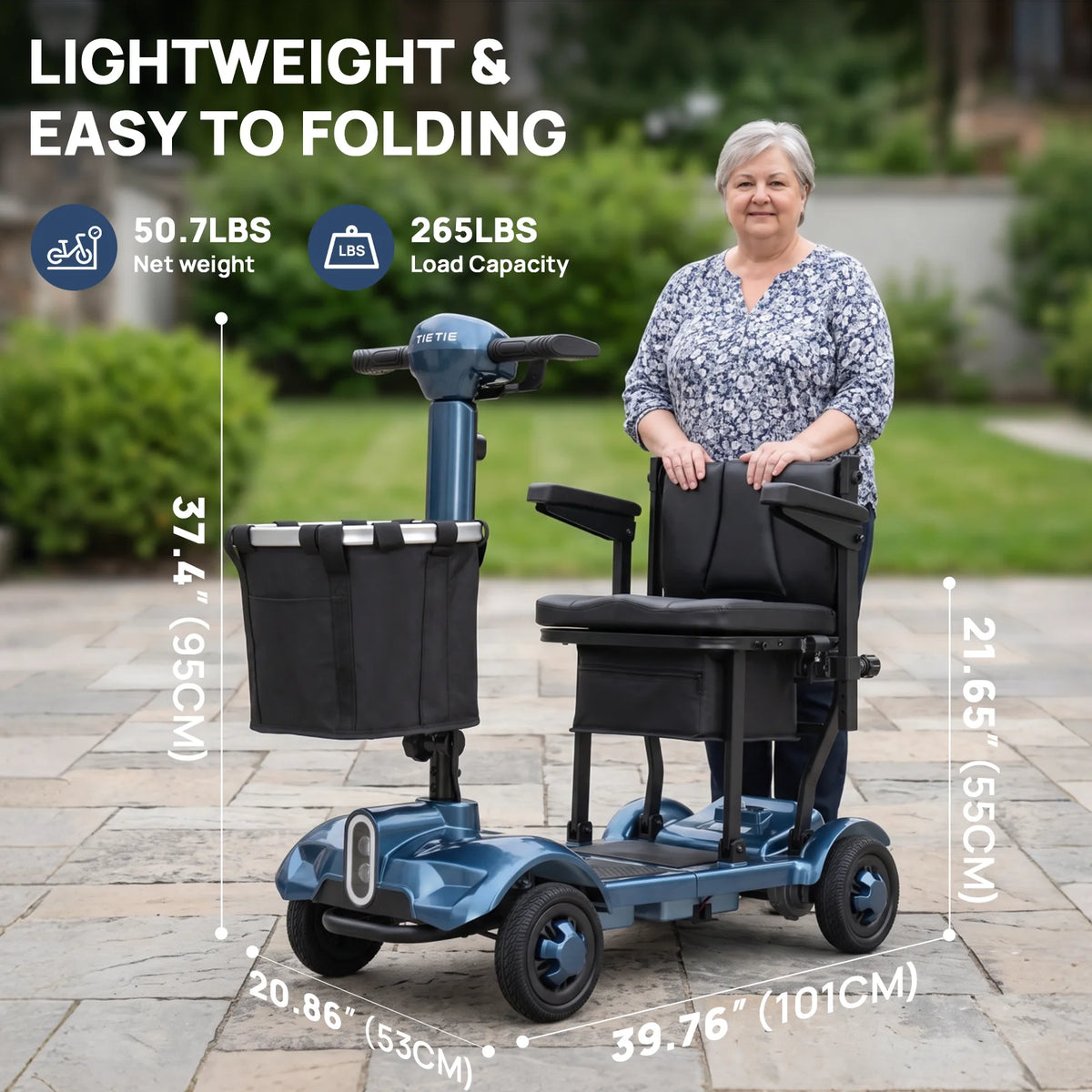 X17 4 Wheel Folding Electric Elderly Mobility Scooter 270W Motor 24V 10.4Ah Lithium Battery 10Miles Range 5MPH 12°Climbing Solid Tires Anti‑tip Wheels LED Light For Seniors Disabled Adults