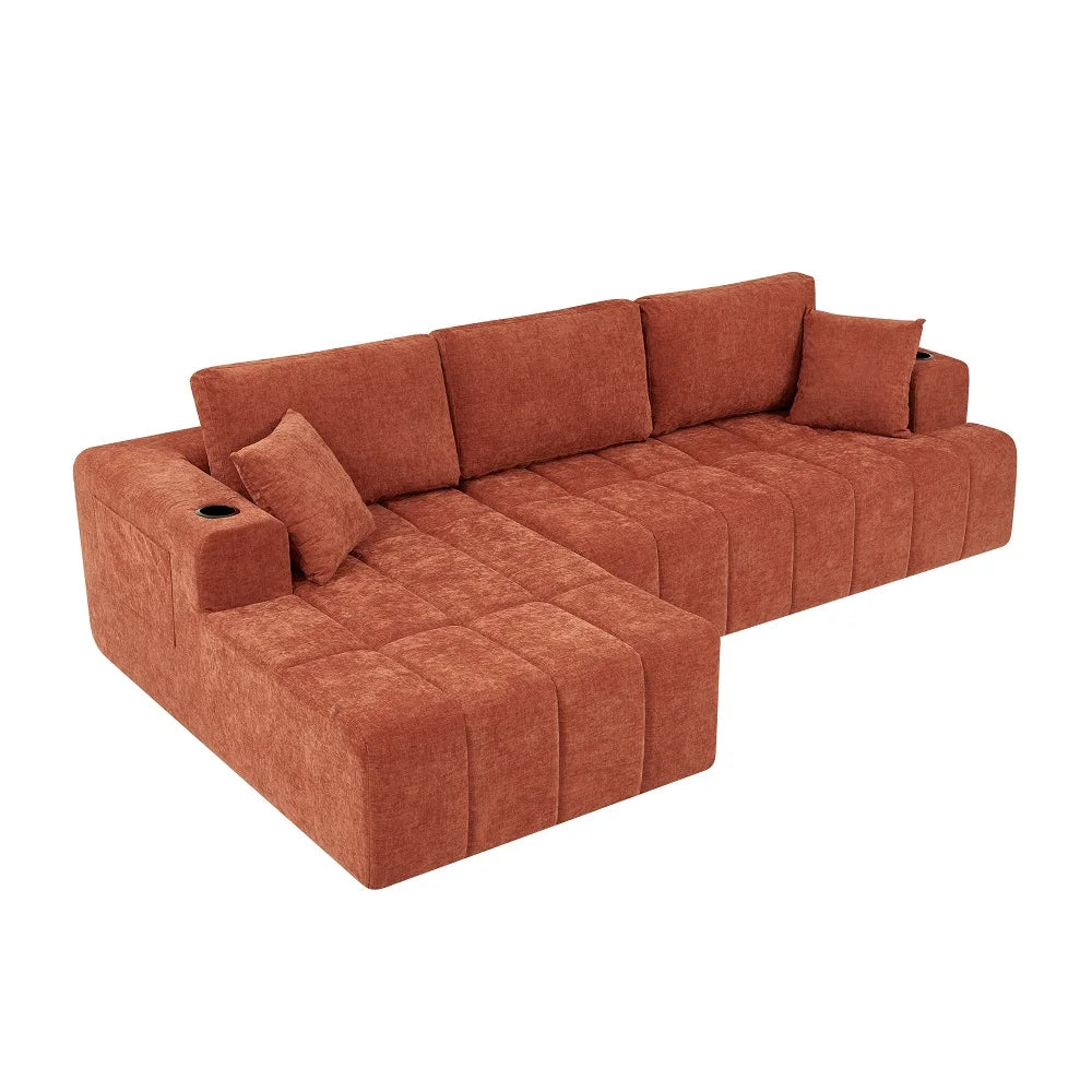 108 Inch L Shaped Boneless Sectional Sofa with Chaise Lounge Cup Holders and Side Storage Pockets Chenille Sofa for Apartment and Home